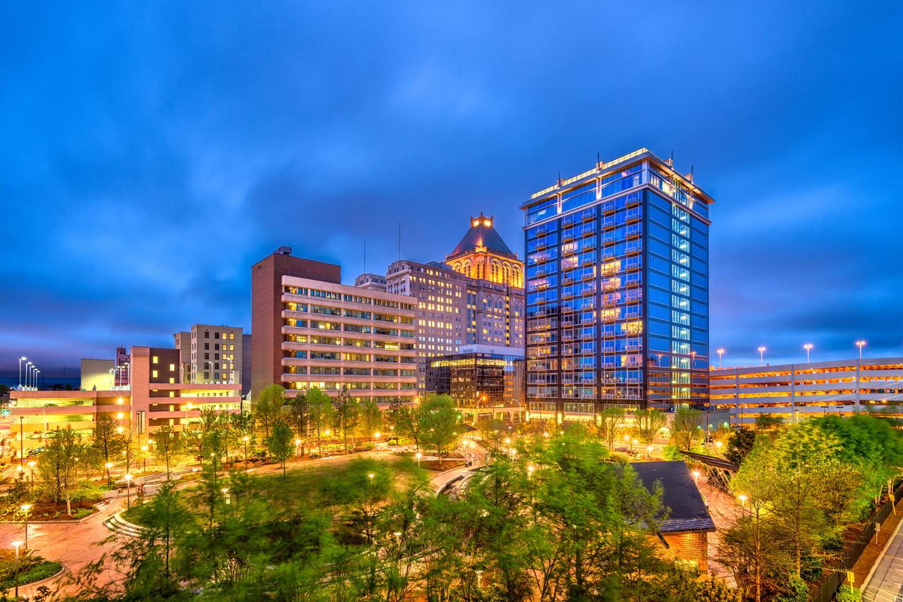 City skyline at dusk